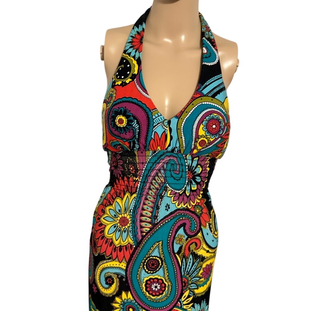 Paisley Halter Maxi Dress Colorful Floral Print Sleeveless Long Dress - Picture 9 of 16
